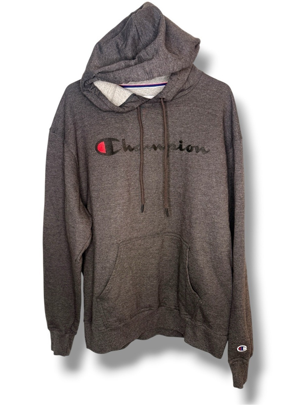 Champion Charcoal Heather Gray Script Logo Hoodie Large